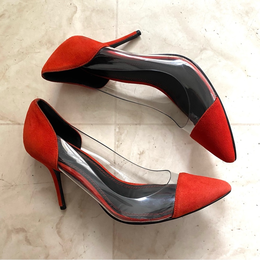 $340 Sandro Orange Suede Clear Vinyl Pointed Toe Pumps Heels Size 9.5/40 - Picture 3 of 14